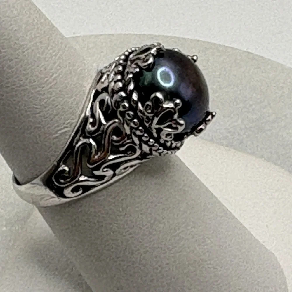 CFJ Sterling Silver Tahitian Pearl Ring 7 Crown Setting Filigree Oil Slick